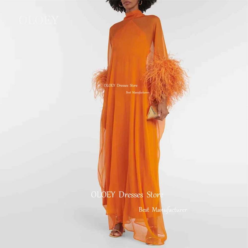 OLOEY Orange Chiffon Evening Dresses African Women High Neck Long Sleeves Feathers Straight Formal Party Prom Gowns Vestidos