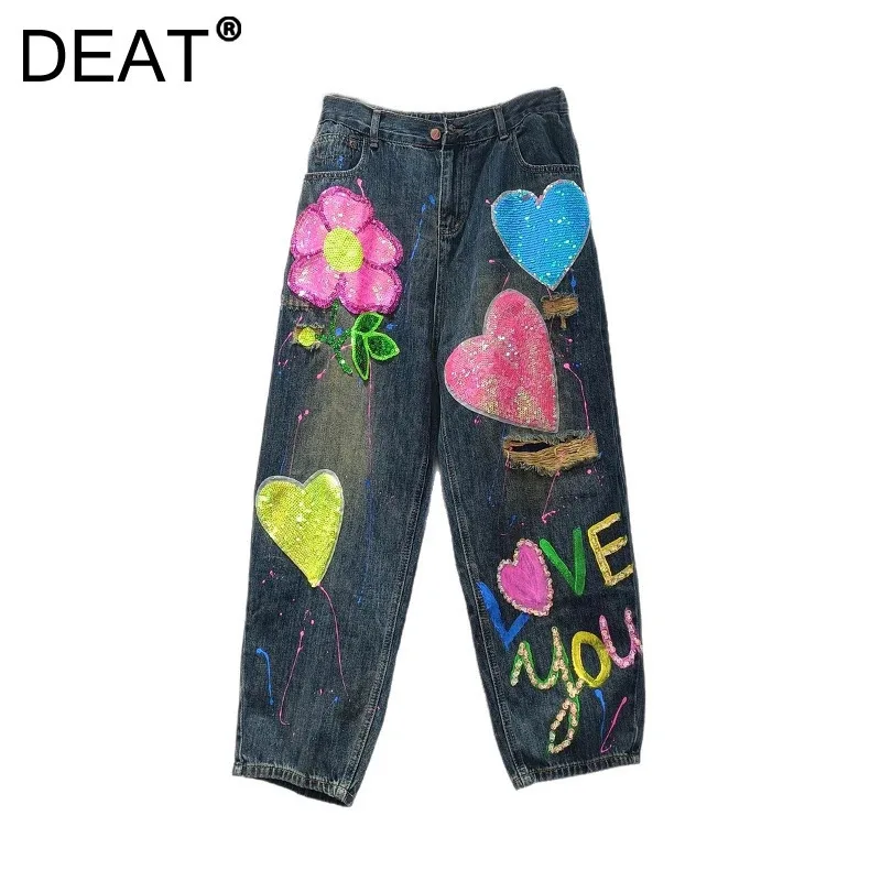 DEAT Women's Denim Pants Heart Sequins Flowers Broken Holes Letter Graffiti Elastic Waist Jeans 2025 New Fashion Witer 29L9175