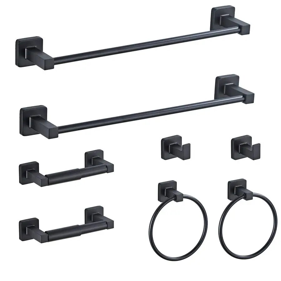 

Черный набор фурнитуры для ванной комнаты, 8 предметов, настенный держатель для полотенец из нержавеющей стали, включает в себя держатель для полотенец 16 дюймов, кольцо для полотенец, держатель для халатов.