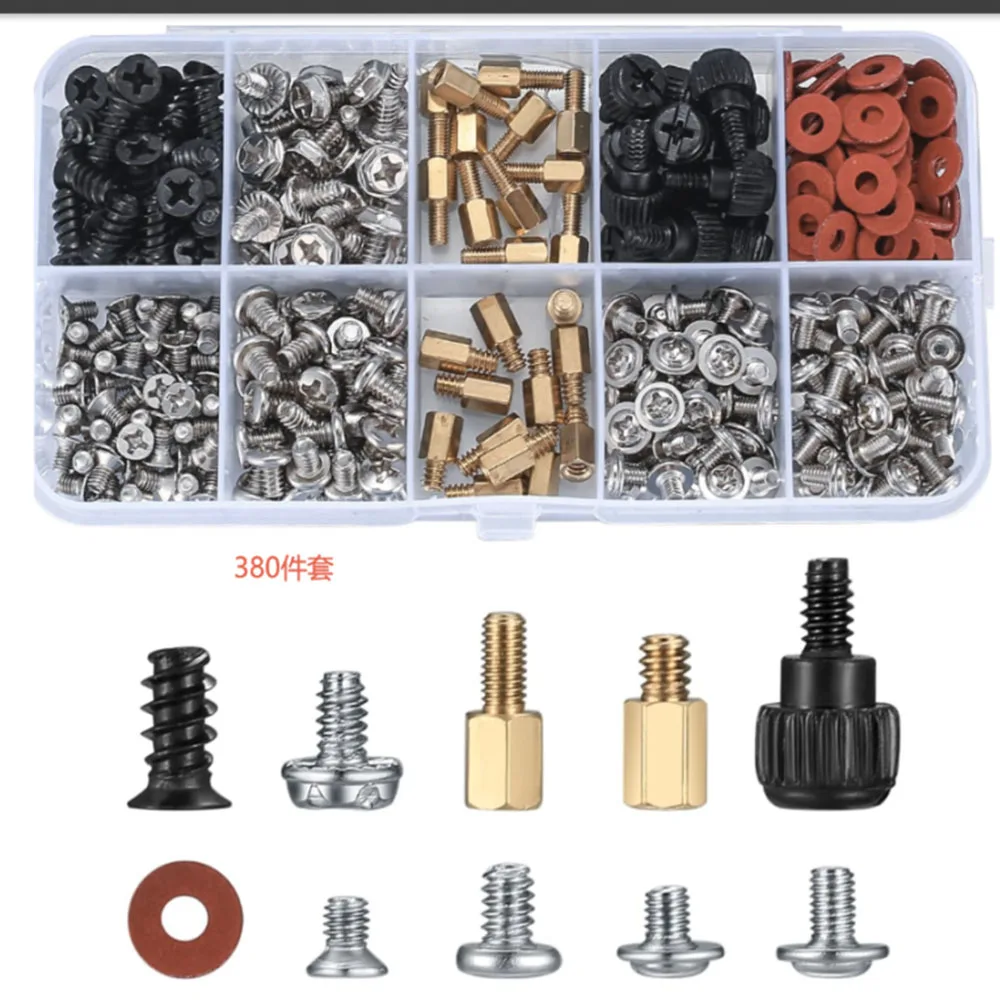 380PCS/box Hard Disk DIY Motherboard PC Personal Computer Assemble Case Fan Hand Screw Bolt Standoff Washer Set Assortment Kit