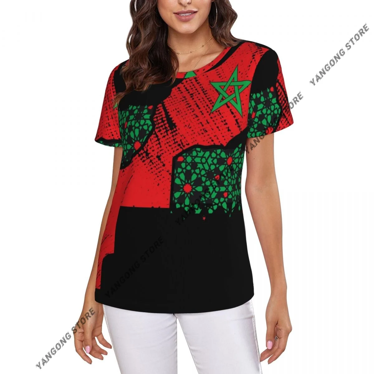 Women Short Sleeve Top Morocco Map With Geometric Islamic Mosaic T-shirt Fashion Summer Female Tops Loose Round Neck T Shirt