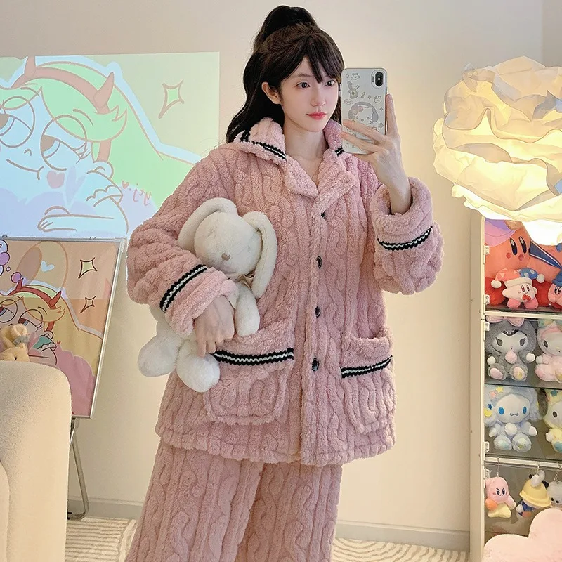 M-6XL Large Size Winter Pajamas Set Women's Soft Plush Coral Fleece Sleepwear Korean Student Sweet Flannel Warm Loungewear Pjs view 2