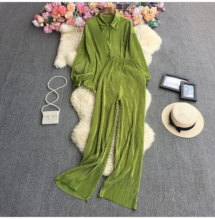 Women Casual Two Piece Set Outfits Office Lady Long Sleeve Elegant Loose Shirt And Pressed Pleated Long Wide legPants Autumn Set