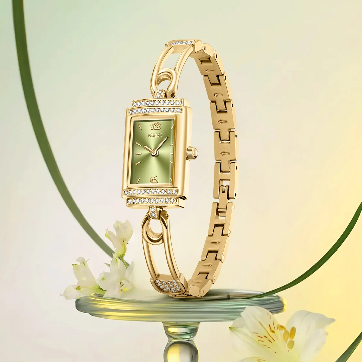 Fashion Minimalist Stone Studded Bracelet Style Waterproof Quartz Watch for Women with Square Alloy Strap Pin Buckle