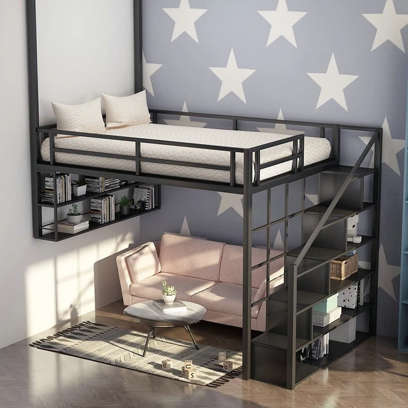 Small apartment loft bed under bed empty steel art elevated steel overhead duplex
