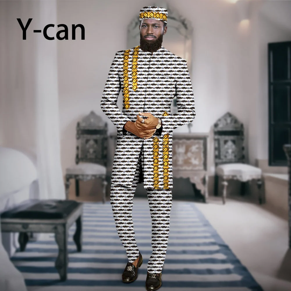 African Men Clothing 3 Piece Suits Set Embroidery Jacket and Trousers Match Muslim Caps Coat Men Outfits Party Wedding A2316069