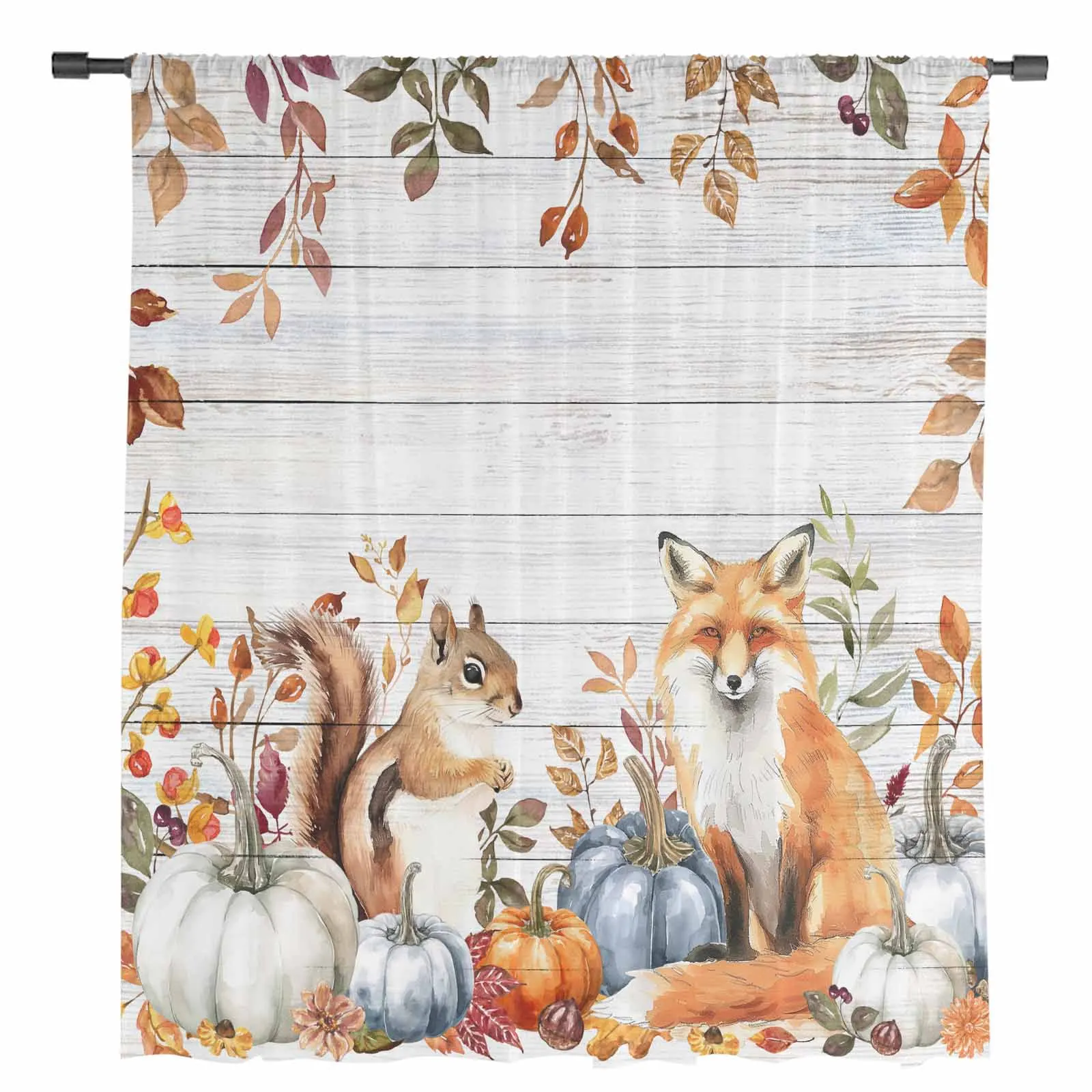 Autumn Thanksgiving Leaves Pumpkin Squirrel Fox Wood Sheer Curtains Room Decoration Window Curtains Kitchen Tulle Voile Curtains