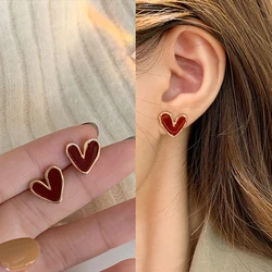Simple Wine Red Love Stud Earrings for Women Sweet Irregular Heart Enamel Geometry Earrings Girl Aesthetics Jewelry