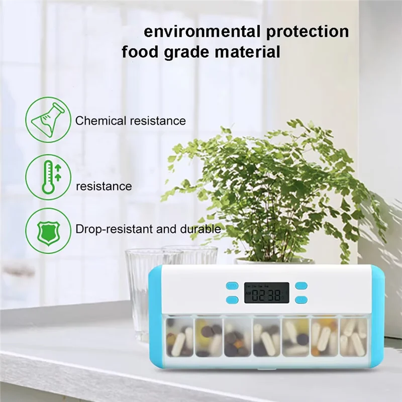 AA20-Smart Pill Organizer Electronic Timing Reminder Storage Case Timer Weekly Pills Container Alarm Box For Traveling Blue Whit