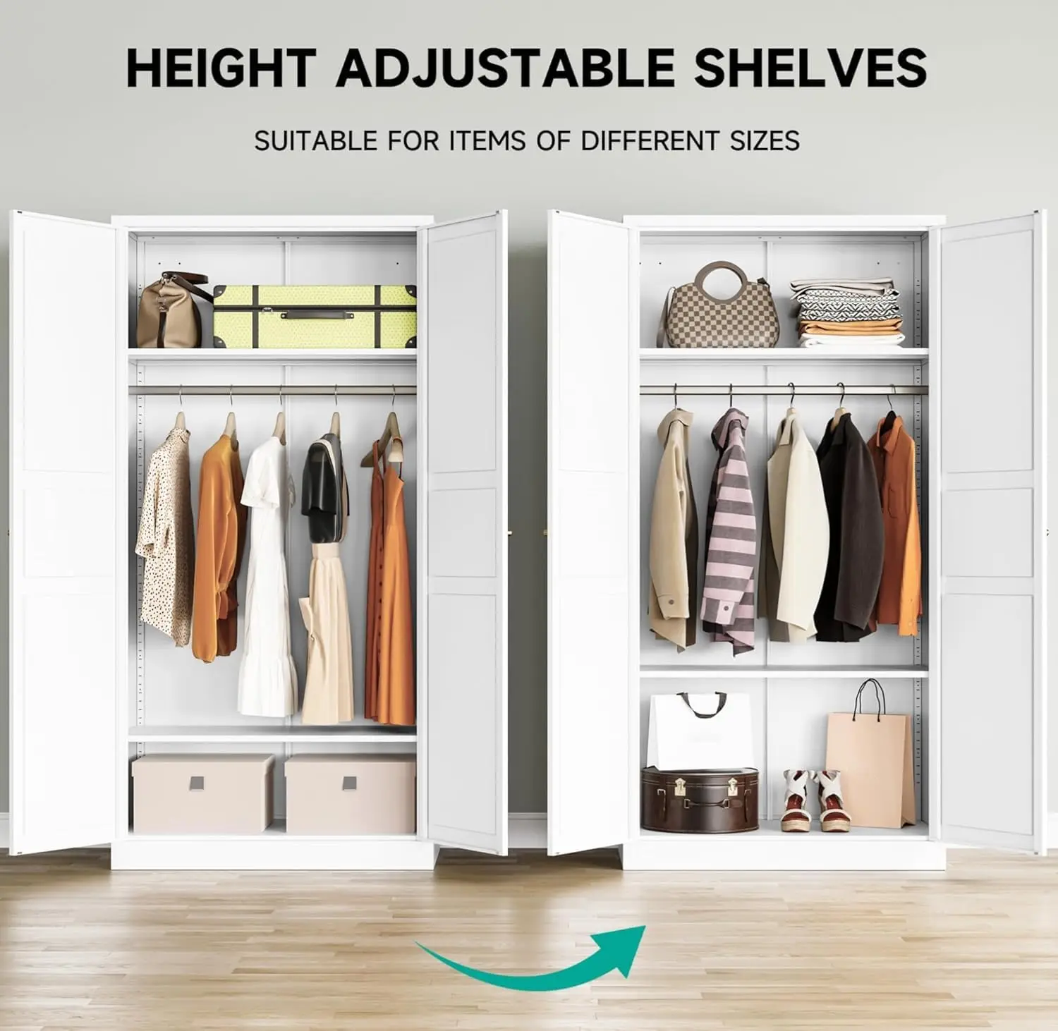 ตู้เสื้อผ้าโลหะสีขาวพร้อมราวแขวน, ชั้นวางปรับได้, ประตู - พื้นที่จัดเก็บ 72 นิ้ว สำหรับบ้าน, ห้องนั่งเล่น หรือห้องซักรีด