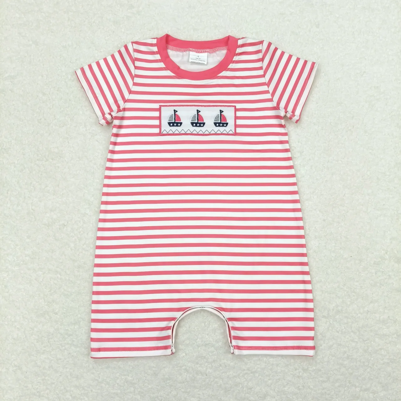 Wholesale Kids Newborn Embroidery Fish Boats One-piece Coverall Bodysuit Baby Boy Toddler Romper Jumpsuit Stripes Clothing