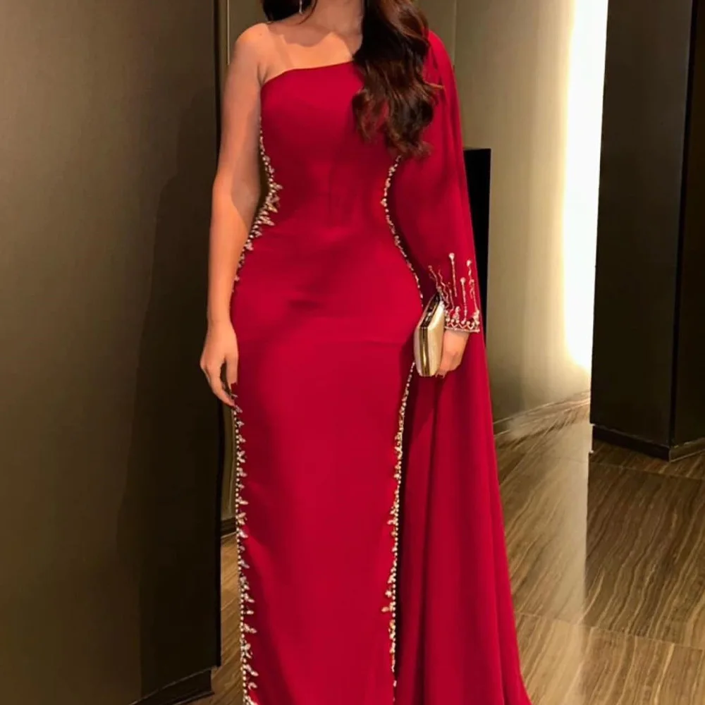 

Exquisite and Fashion Straight One Shoulder Long Sleeves Evening Dress Side Slit Floor Length Homecoming Gowns Custom Size