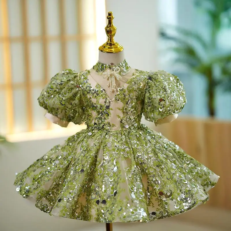 3-10 year old girl green children's dress light luxury host princess skirt sequins show girl piano performance service