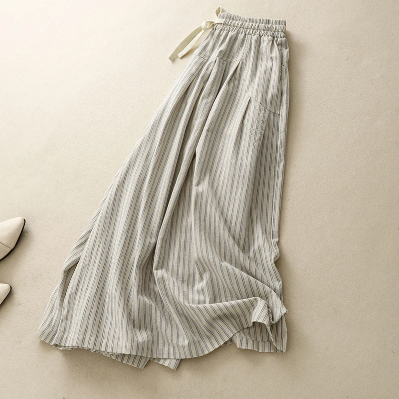 

Slimming High Waist Wide Leg Cotton Linen Stripe Skirt Pants Women's Lazy Sle A-Line Seven-Foot Pants Casual Summer Skirts