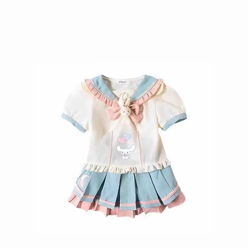 Kawaii Sanrios Girls Lolita Jk Uniform Summer Cinnamoroll Children's Short Sleeve Pleated Skirt Set Sweet Princess Dress Gifts