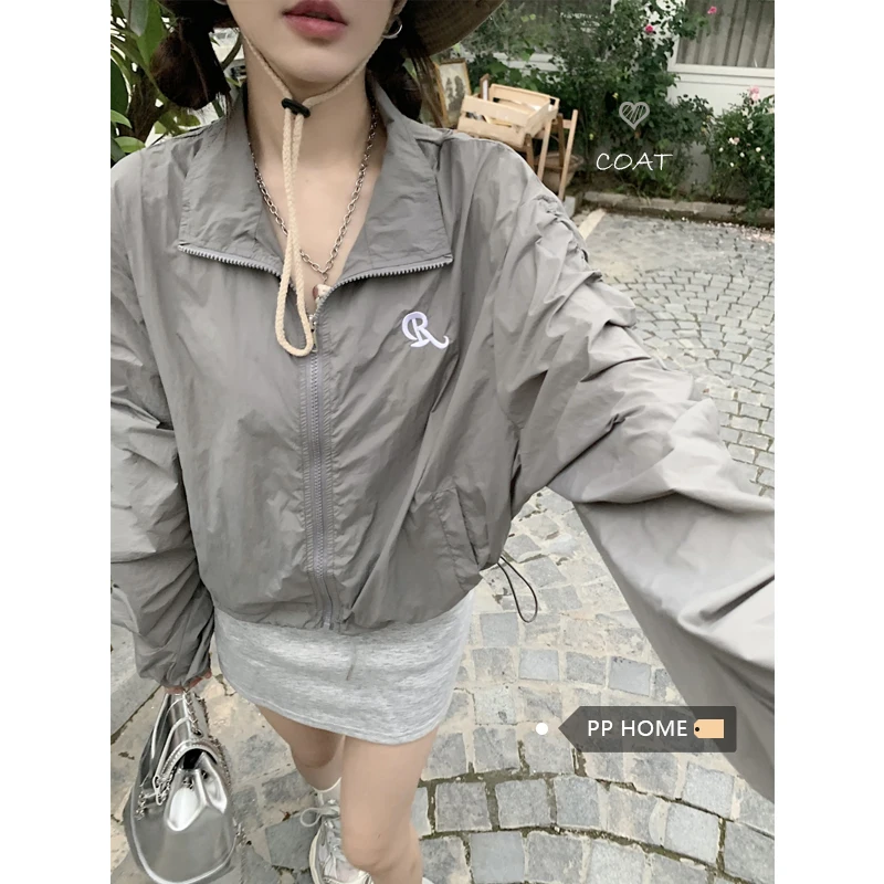 KUSAHIKI Chic Letter Embroidery Drawstring Causal Women Coat Fashion Long Sleeve Suncreen Zipper Stand Neck Outwear Jacket