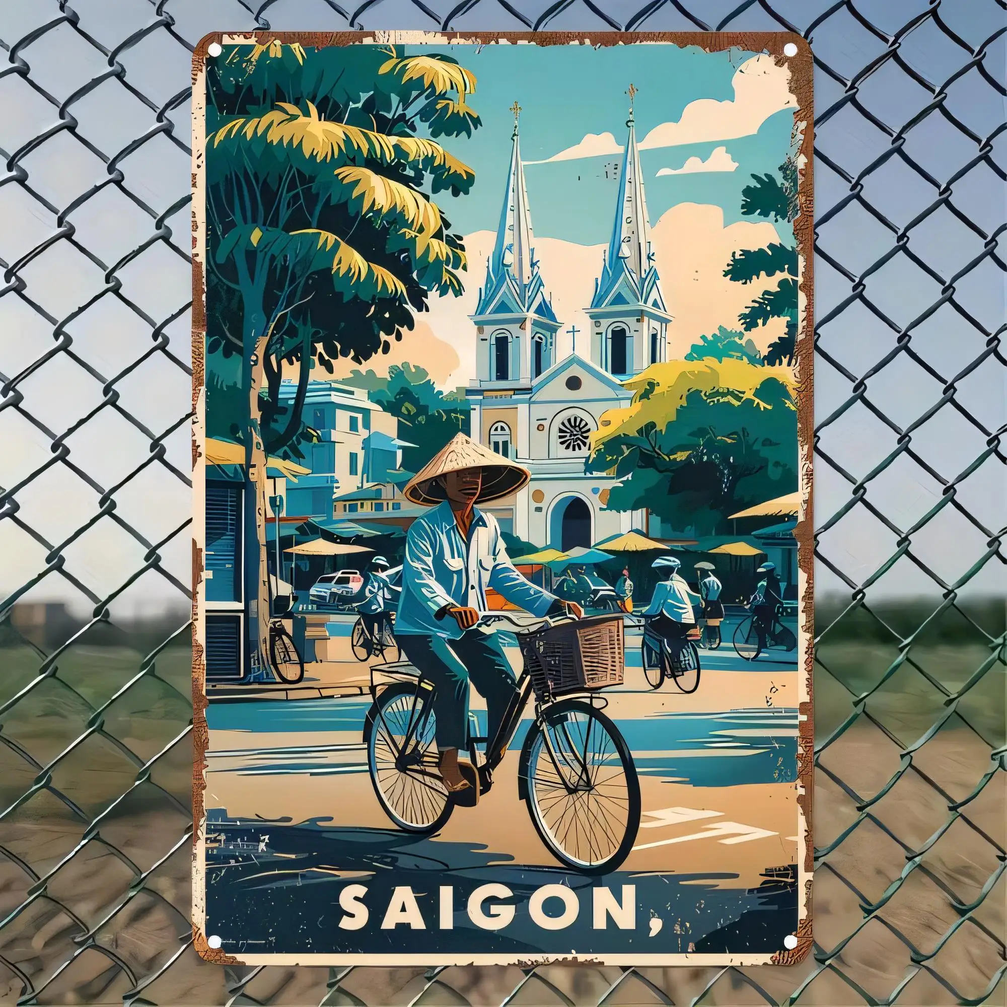 Tin Sign, SAIGON Vintage Retro Poster Metal Wall Art Decoration, Southeast Asia City Landscape Scene, Cyclo Ride Street View, Ca