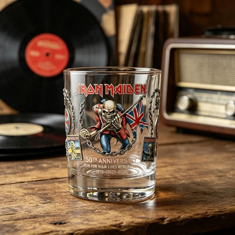 Iron Maiden 50th Anniversary Run For Your Lives World Tour Whiskey Glass, Eddie Figure Engraved Crystal Rocks Glass