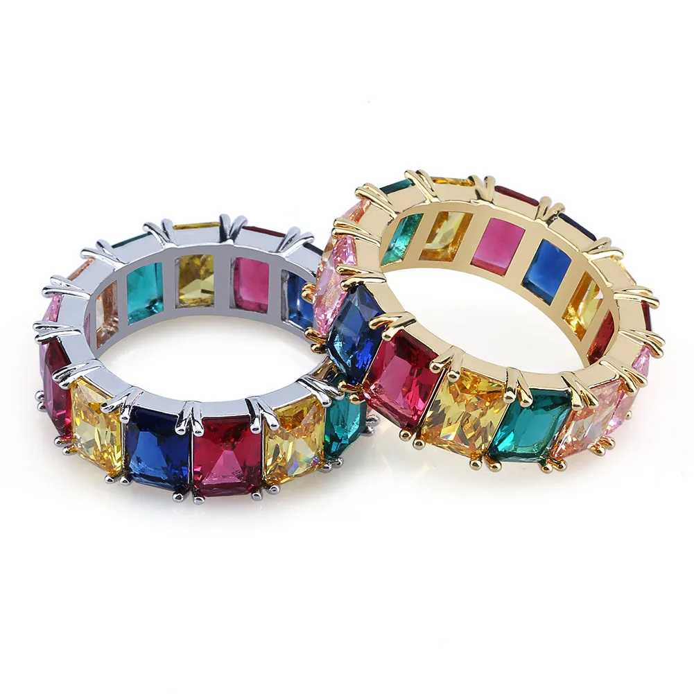 Unisex Hip Hop Rainbow Eternity Band Ring Rectangular Multi‑Color Statement Finger Ring Party Street Fashion Jewelry Wholesale