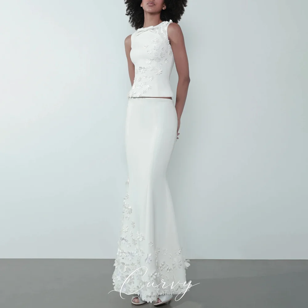 Curvy Modern  Two-Piece Sleeveless Wedding Dress Floral Applique Bow Detail Mermaid Skirt Customized Bridal Gown for Women 2026