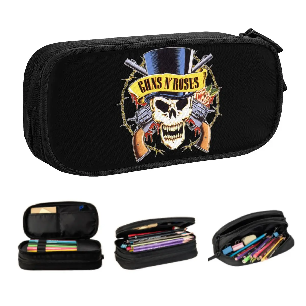 Cute Guns N Roses Pencil Cases for Girls Boys Custom Bullet Logo Large Storage Pen Box Bag School Supplies