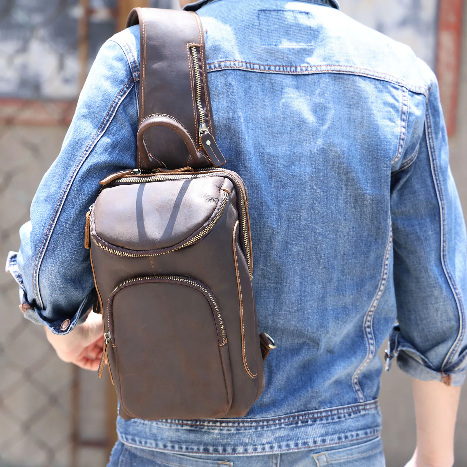 Hochwertige Echtleder-Brusttasche für Herren, Vintage Vollnarbenleder-Umhängetasche, Herren-Schultertasche, Sling Bag, Tagesrucksack – Detail 6