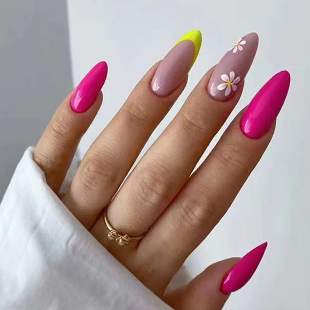 Uñas postizas artificiales desmontables, uñas postizas de diseño de línea rosa y blanca, resistentes al agua, 24 piezas