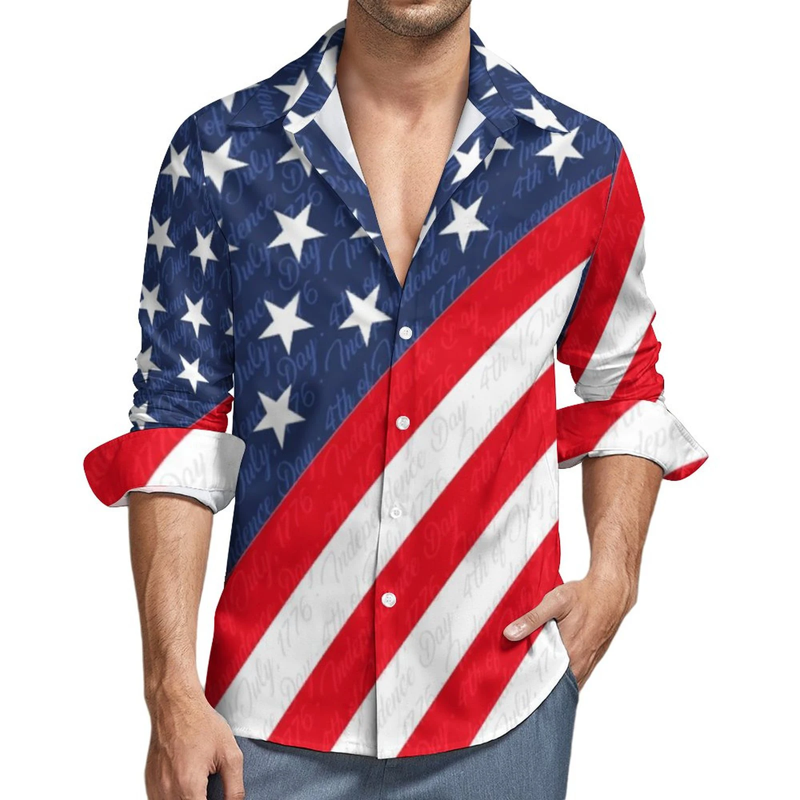 American Flag Printing Casual Shirts Men\'s Star Stripe Flag Shirt Autumn Fashion Shirt Long Sleeve Pattern Plus Size Men\'s Tops