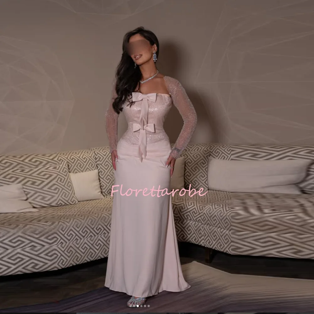 Customized Pink Sexy Evening Dress Gorgeous Prom Dresses  Formal Occasion Shining Long Sleeve Party Gown With Bow Robe Soiree