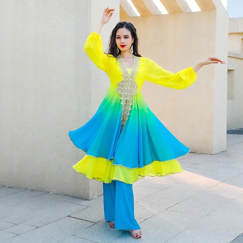 التدرج الألوان الشعبية زي بانداري أداء مجموعة المنافسة وتتسابق الثناء الرقص المطرزة التنانير الكاملة السراويل الزي #3