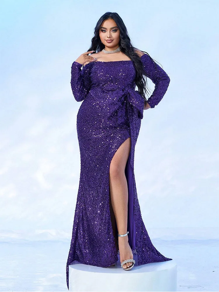 Off-the-shoulder floor-length purple glittering sequined evening dress 4XL 5XL Big Size Butterfly Slit Off-the-shoulder Plus Siz