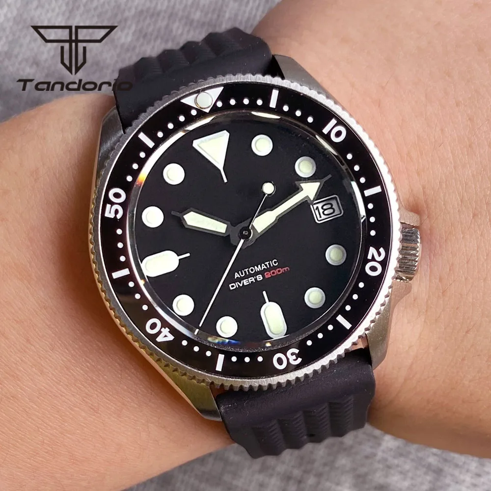 Imagem -04 - Tandorio Azul Preto Verde Dial Luminoso 37 mm Nh35a Automático 200m Homem Dive Relógio de Pulso Cerâmica Moldura Vidro Safira Data Exibição