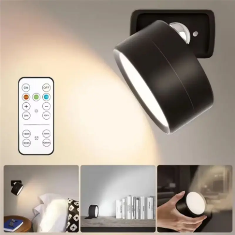 AT05-Magnetic Wall Mounted LED Sconces Dimmable Wireless Remote Rechargeable USB Powered For Bedroom Bedside Lighting Black