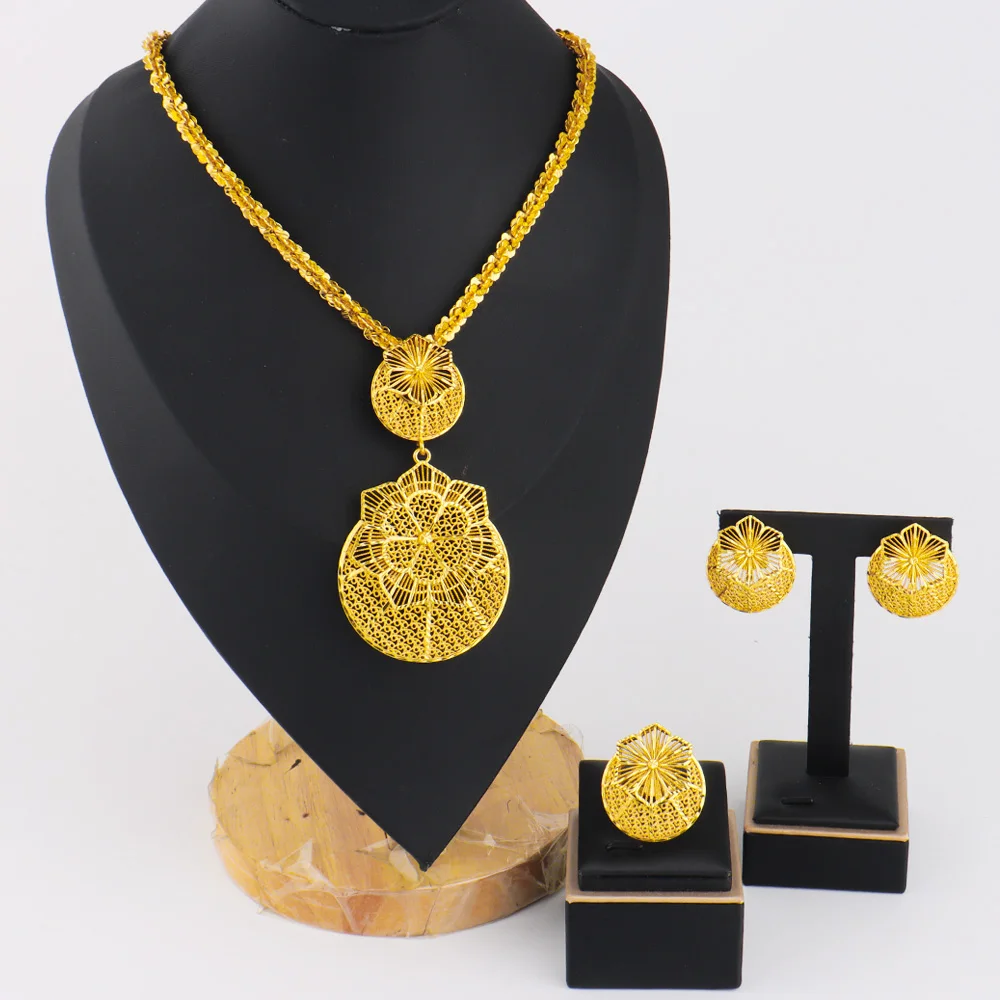 

Delicate gold-tone floral necklace & drop earrings set, Indian-inspired filigree, lightweight alloy, Dubai chic for party evenin