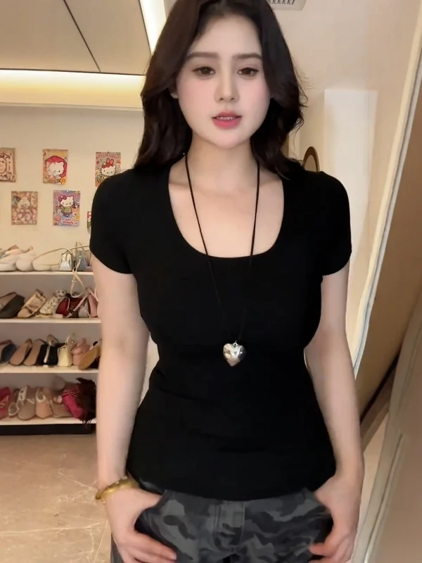

plus Size Women's Summer T-irt Square Collar ort Sve Slimming Waist Cinched Base Layer Top Korean Sle Straight Cut