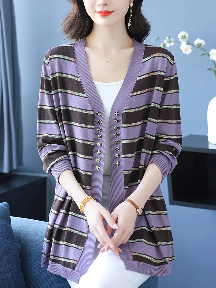 

Female Cardigans Sweater Spring Autumn Long Sleeve Hollow Knitted Sweaters Women Stripe Long Cardigan