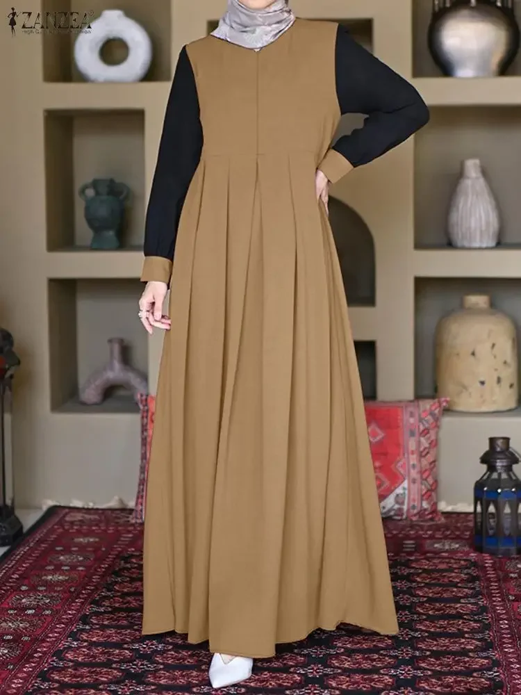 ZANZEA Ramadan Muslim Abaya Dress Dubai Hijab Dresses Women Autumn Long Sleeve Patchwork Vestido Pleated Sundress IsIamic Robe