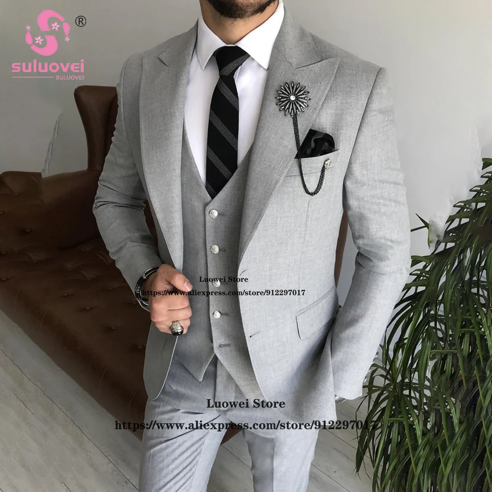 

Fashion Grey Slim Fit Suits For Men Formal Groom Wedding Peaked Lapel Tuxedo 3 Piece Jacket Vest Pants Set Male Business Blazer