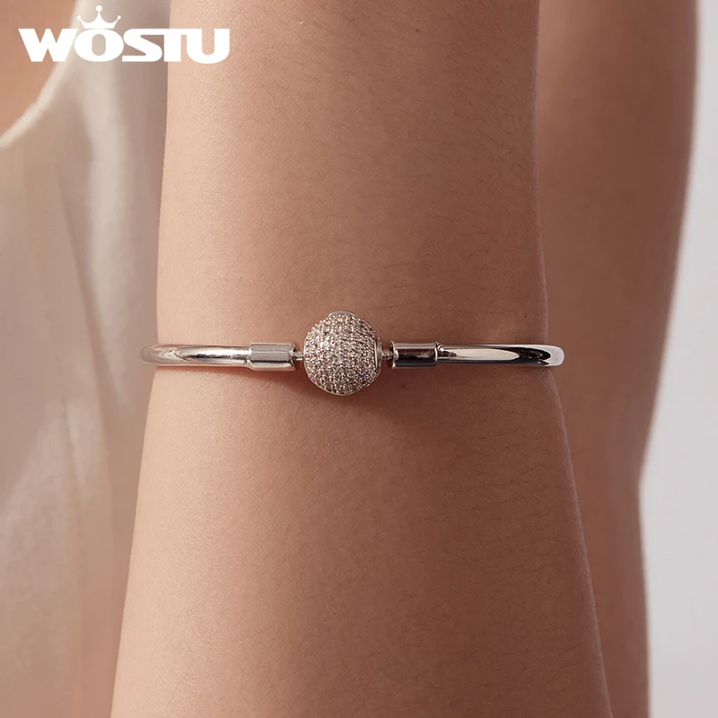 WOSTU Platinum Plated Sparkling Zircon Ball Bangle Bracelet Fit DIY Charm Beads, Original Bangle Bracelet DIY Jewelry Wholesale