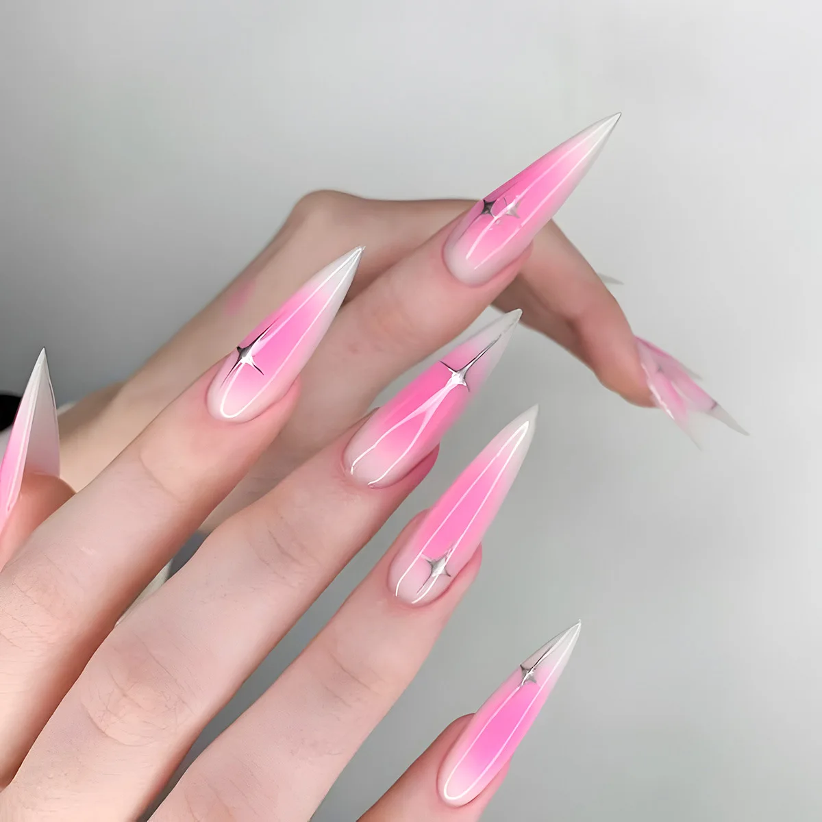 

24PCS Pink Blush Long Stiletto Press on Nails Simple Gradient Star Patterns Acrylic Wearable Fake Nails Ins Style Sweet Nail Tip