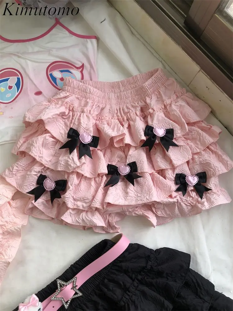 

Kimutomo мини-юбки женские с бантом и оборками стрейч с высокой талией модное милое бальное платье в стиле Лолиты юбка женская Y2k Harajuku