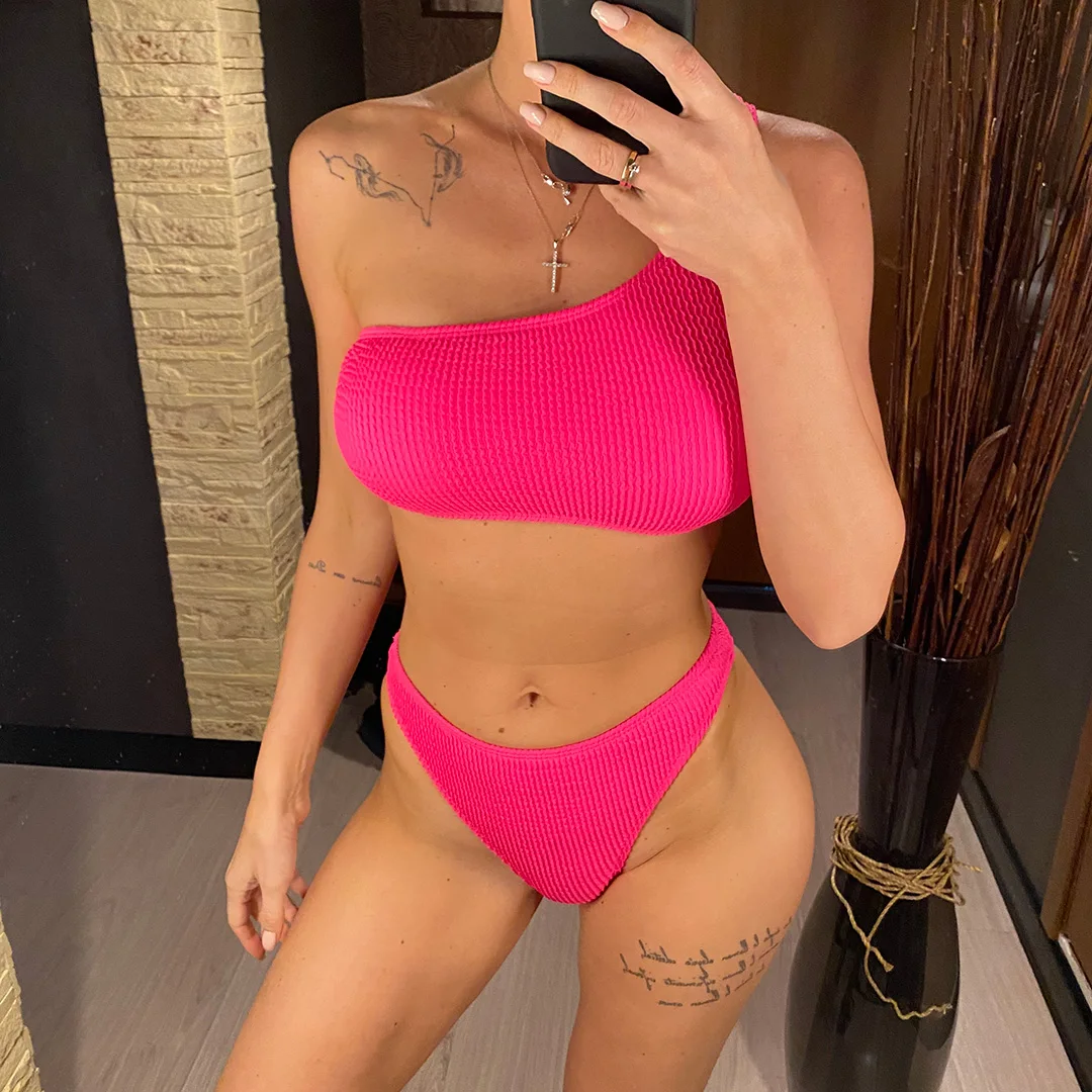 Sexy One-Shoulder-Bikini mit gerafftem, geraunten Stoff, Damen-Badeanzug, zweiteiliges Bikini-Set, Badebekleidung, Badeanzug, Schwimmanzug V3315 – Detail 27