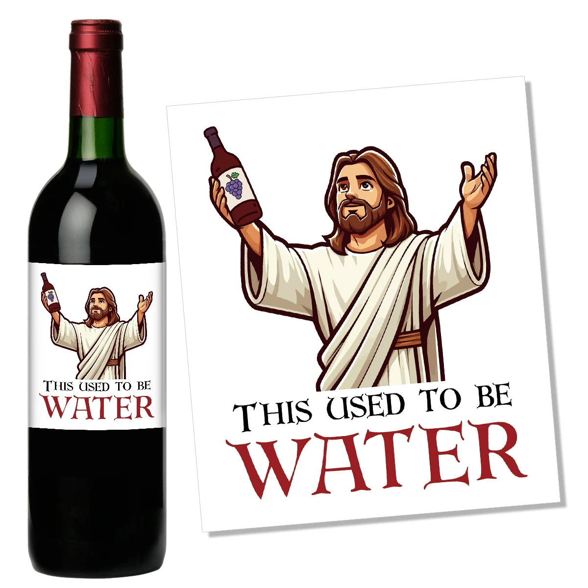 4pcs Funny Wine Bottle Stickers,''This Used To Be Water'' Jesus Cartoon Design,Decoration Labels For Glass Jar,Party Gift Wrapping