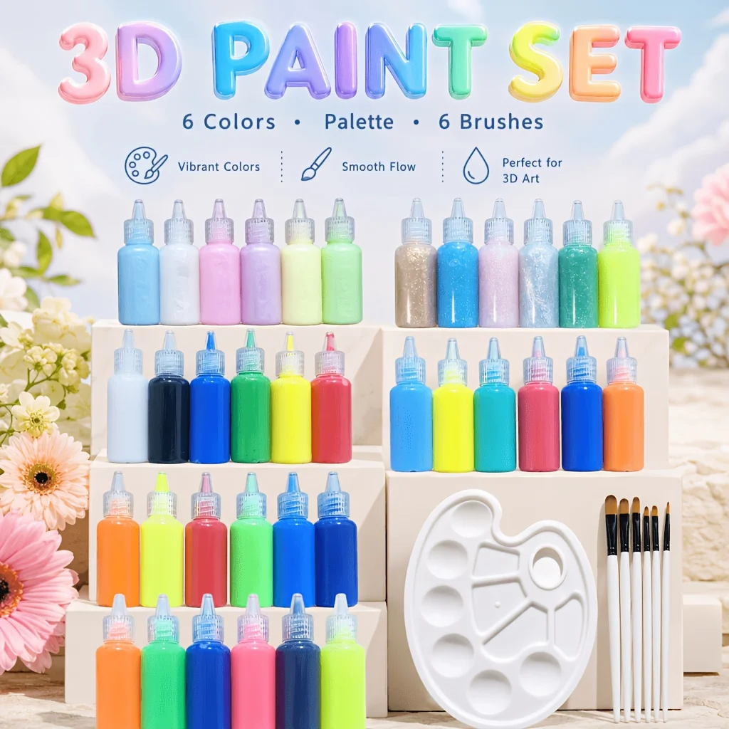 3D PAINT SET， Basic + Cotton Color, Fluorescent + Glitter, Pearl Finish + Ceramic 3 sets, containing 12 bottles of paint, 1 palette and 6 brushes. It can create a three-dimensional raised texture effect and is suitable for various artistic creation