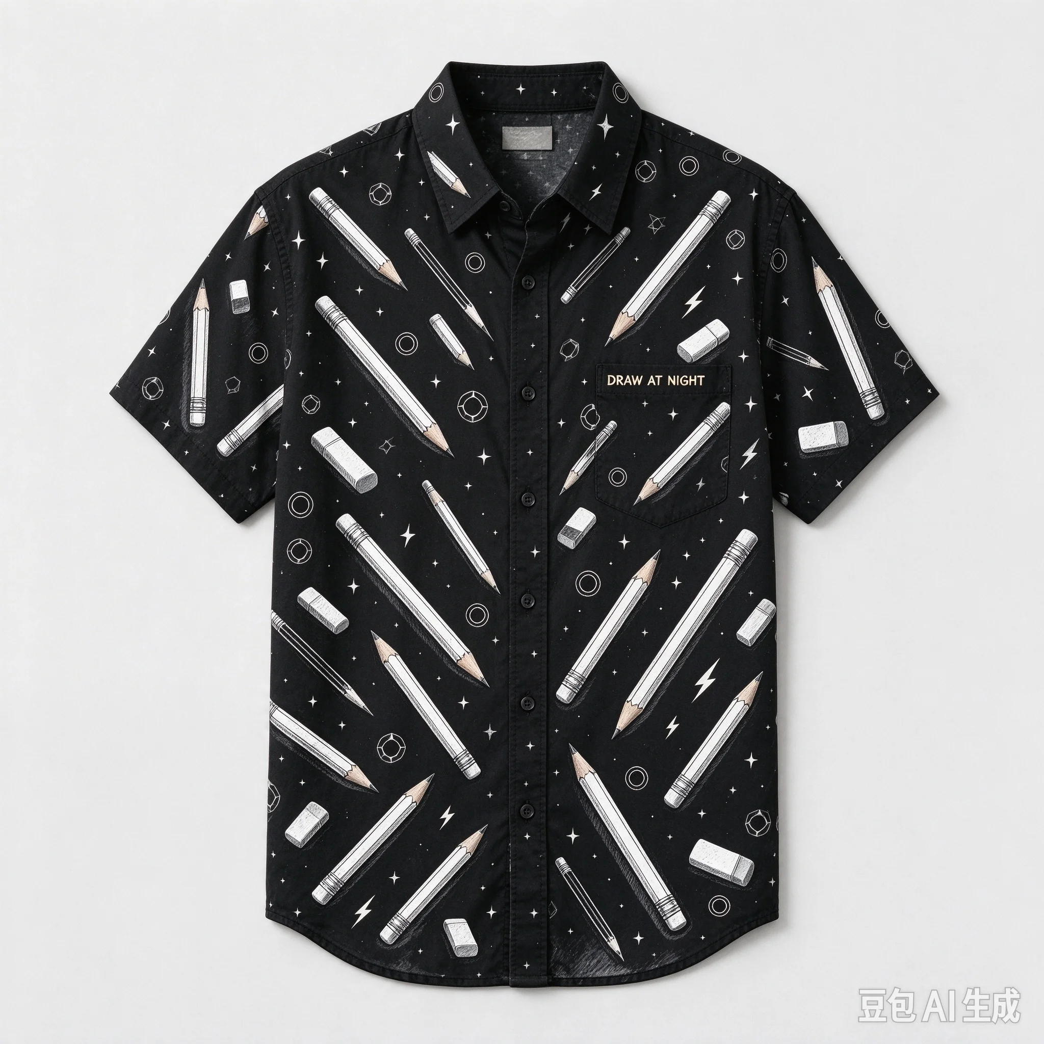 Men Women Unisex Allover Pencil Print Short Sleeve Shirt, Casual Button Down Tops, Loose Fit Cotton Linen Creative Graphic Shirt