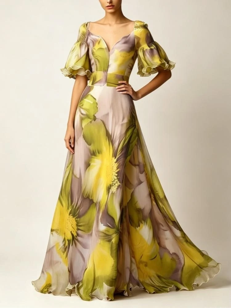 Women Floral Chiffon Maxi Dress Deep V Neck Ruffle Short Sleeve Long Dresses Elegant Wedding Guest Evening Party Formal Gown