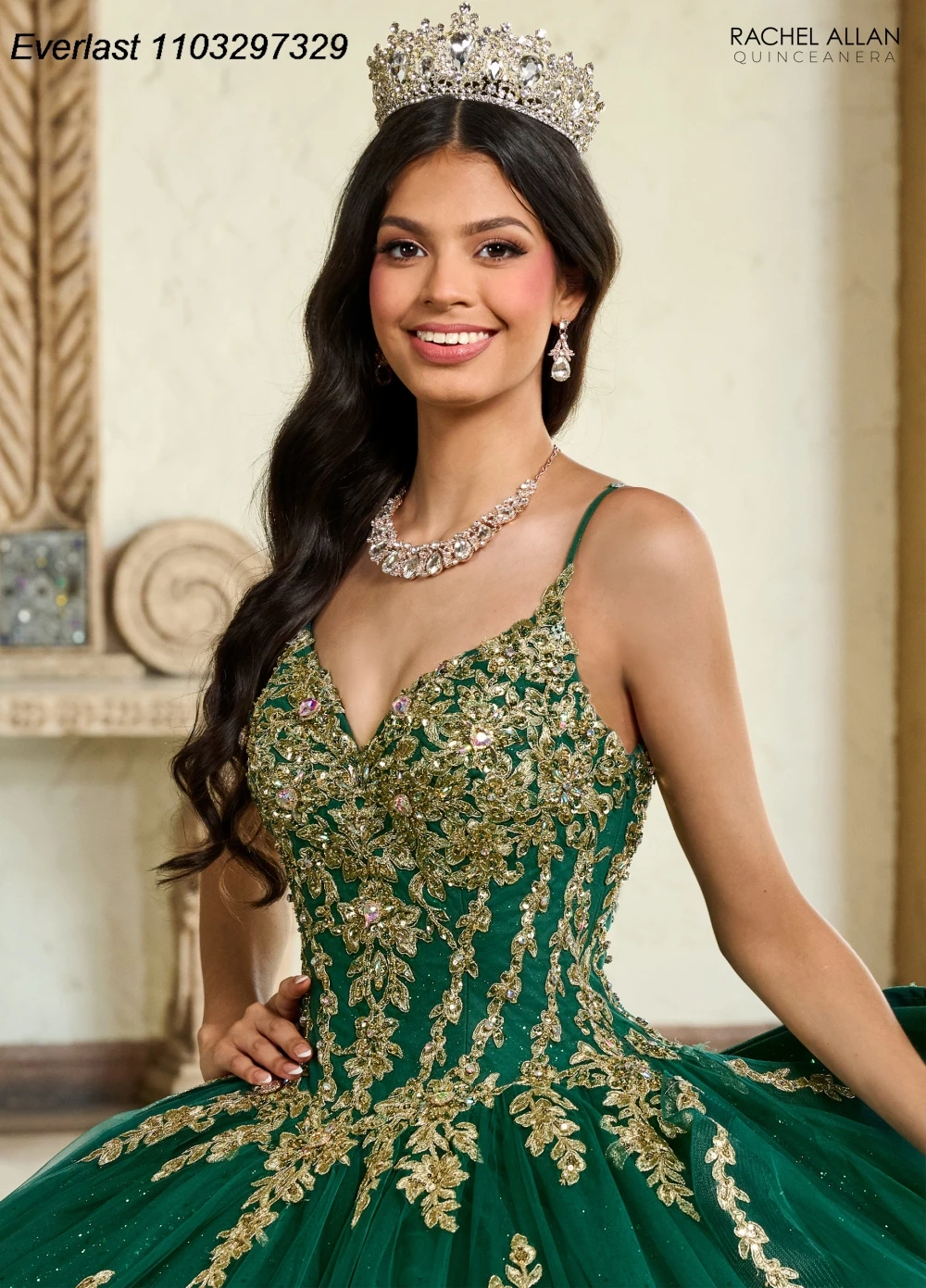 EVLAST Customized Green Quinceanera Dress Ball Gown Gold Lace Applique Beaded Detachable Sleeve Sweet 16 Vestido De 15 TQD437