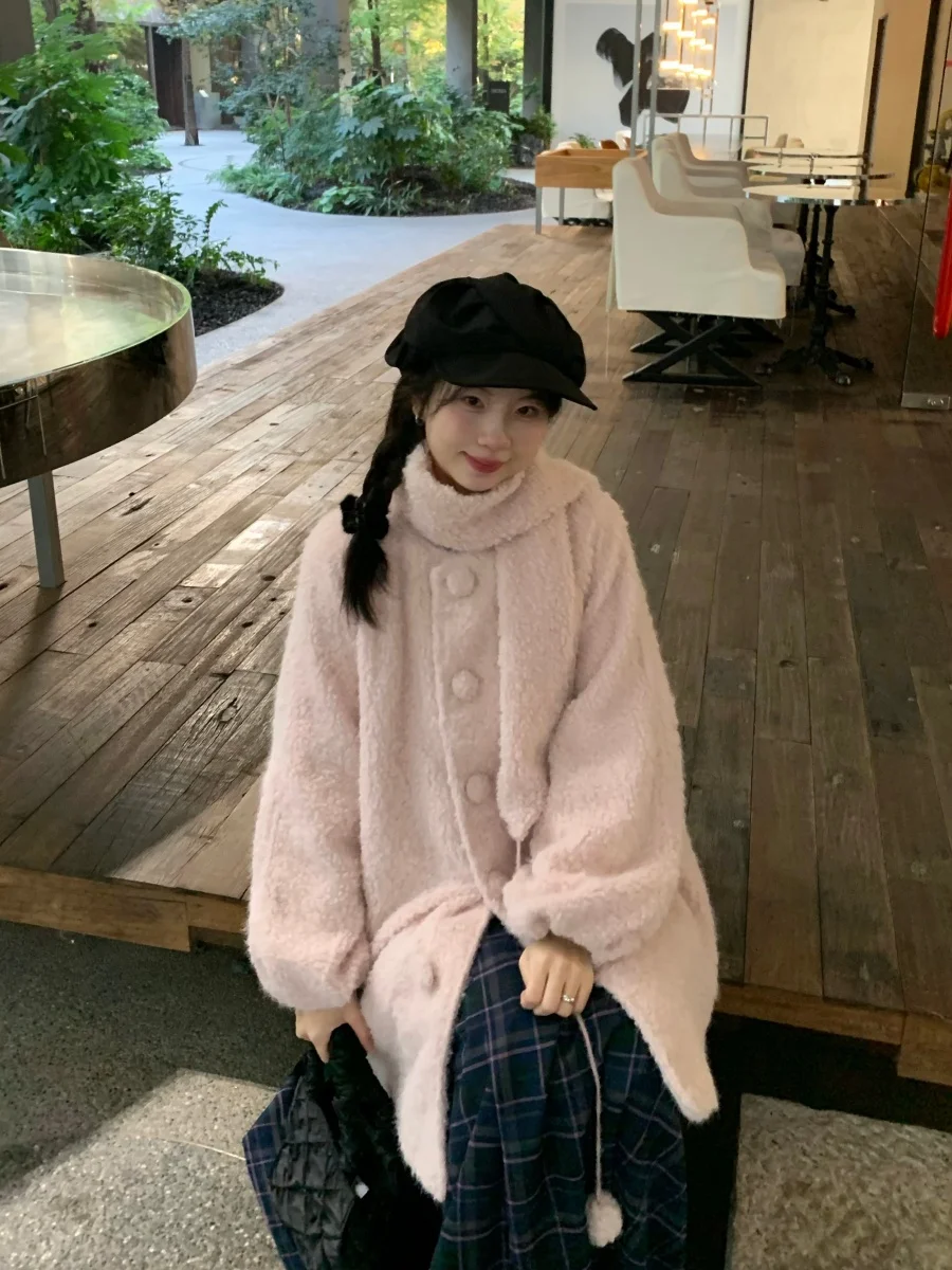 

Original Design A-Line Furry Fce-Lined Lantern Sve Midi Coat Women's Faion Winter Outerwear Loose Fit Floral Collar