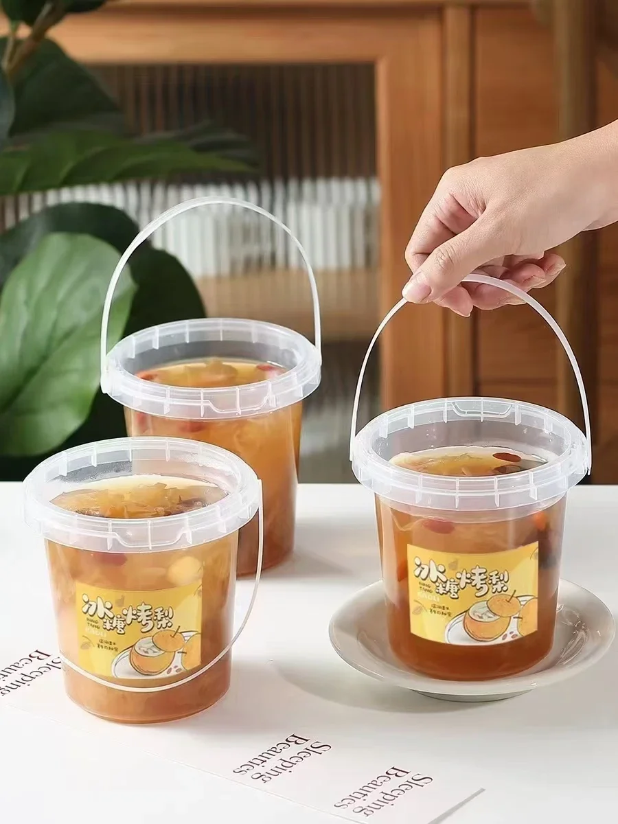 50pcs Disposable Fruit Tea Tote Bucket Fruit Ice Cream Milk Tea Large Capacity Packaging Cup Plastic Beverage Buckets with Lid