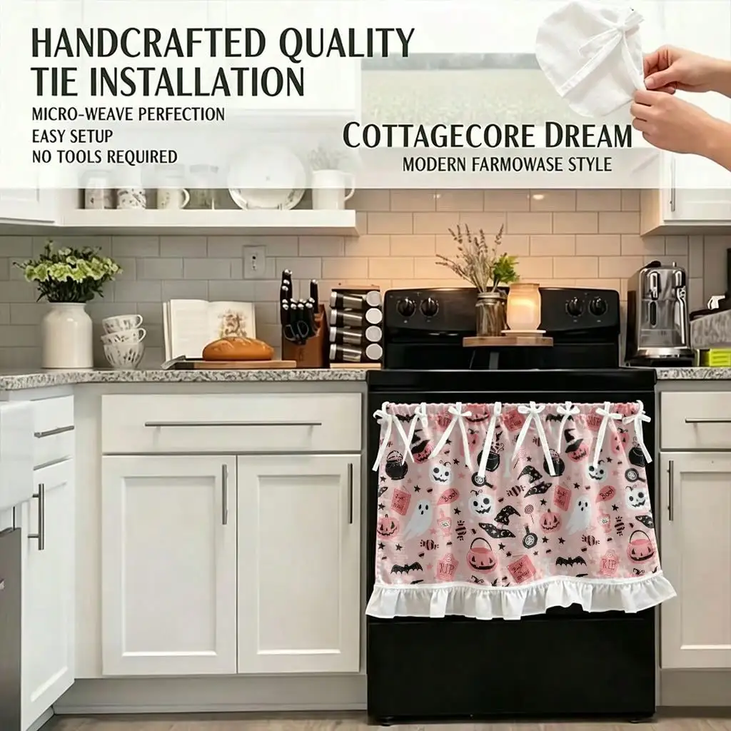 2D Flat, 1pc Kitchen Stove Curtain, Cabinet Curtain, Halloween with 2D Printing Pink Halloween Ghosts Pumpkins Stars Can Be Stove Curtain Oven Valance Kitchen Sink Valance Cabinet Curtain, Makes a Great Addition to Your Theme Home